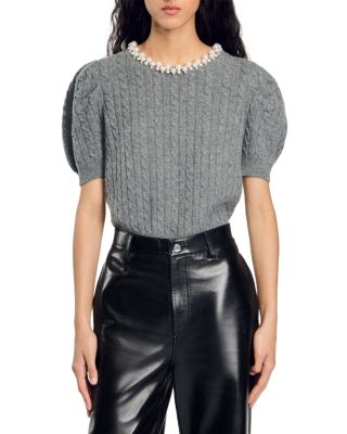 Sandro - Madie Embellished Cable Knit Sweater