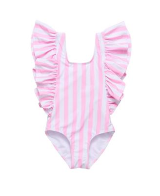 Snapper Rock - Unisex Pink Stripe Wide Frill Swimsuit