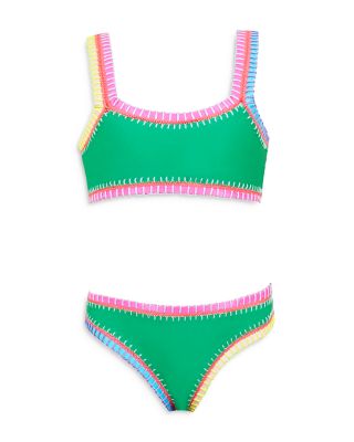PQ Swim - Girls' Sporty Rainbow Embroidered Two Piece Swimsuit - Little Kid, Big Kid